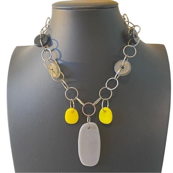Hand blown Yellow & Gray Glass Beaded Artisan Made & Created Statement Necklace - Picture 4 of 6